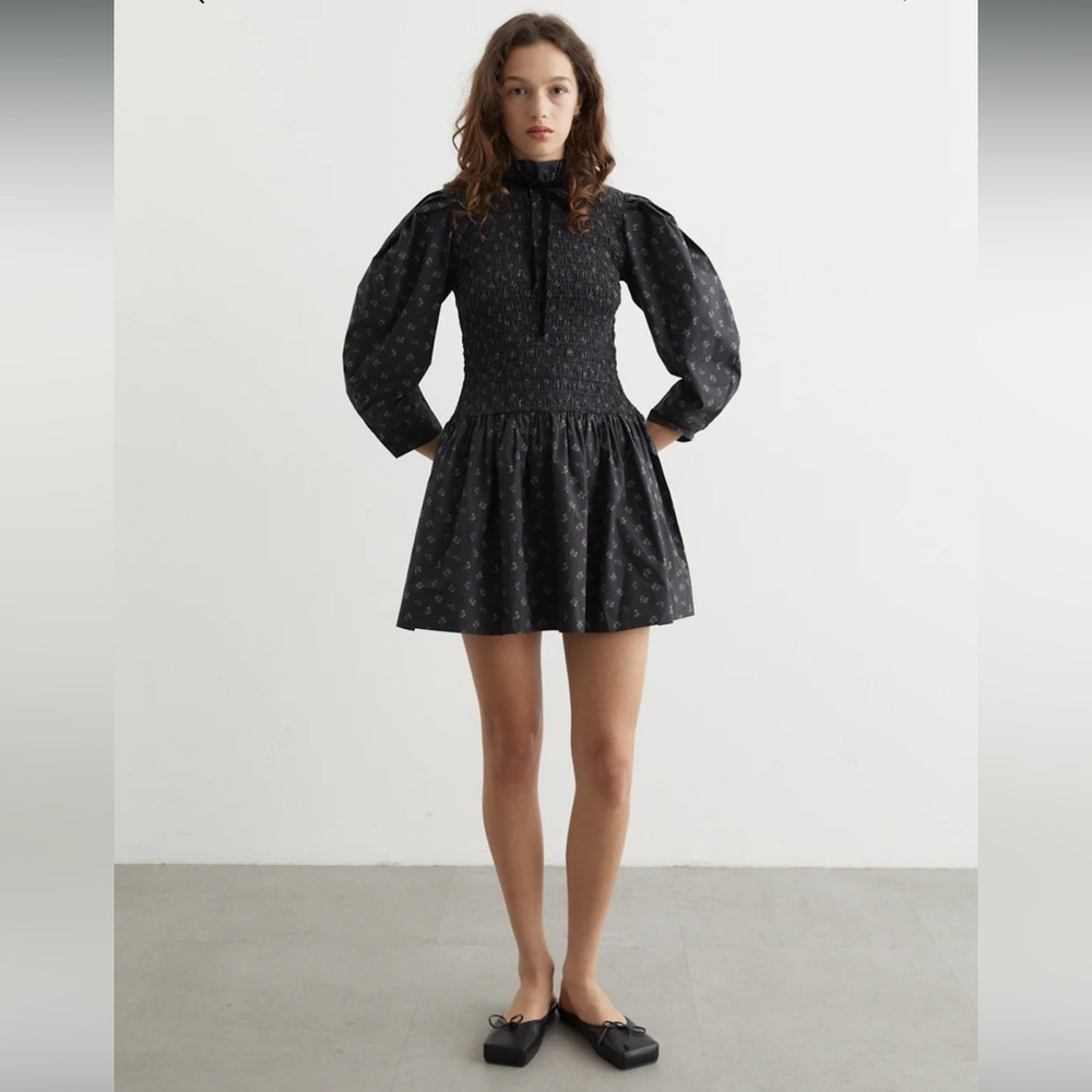 GANNI Mini Smocked Cotton Dress in Phantom 
       Size 34 (2) EUC